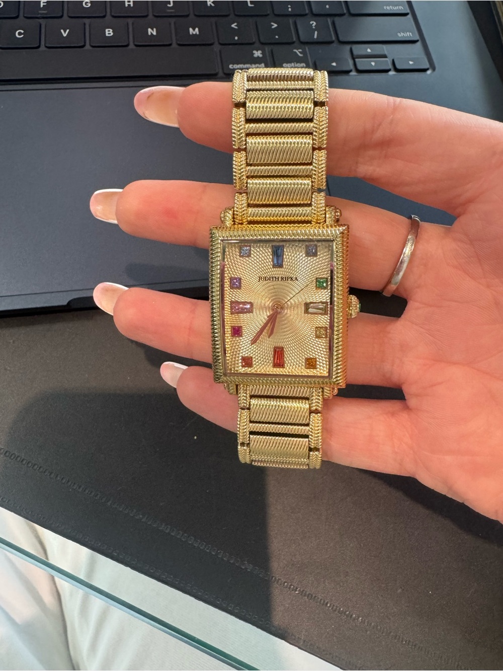 Judith Ripka Yellow Gold-Tone Charley Rectangular Tank Watch w/ Rainbow Markers